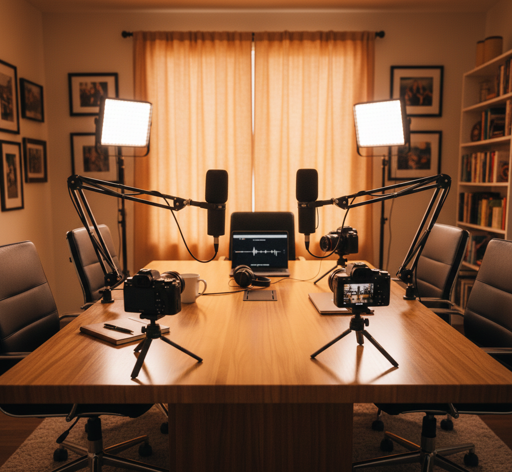 A conference room with two cameras on tripods facing the table, which holds office supplies including notebooks, a pen, a mug, and a deck of cards.