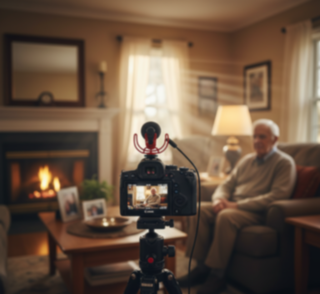 Camera on tripod filming a cozy living room with beige sofas, coffee table, fireplace, and framed photos on the wall.