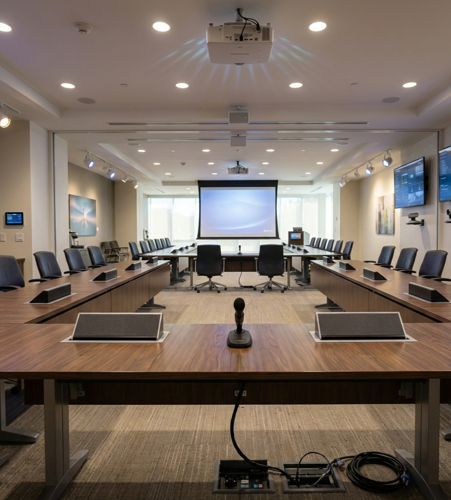 Empty speaker with microphone stand in a church or hall, with pews on either side.