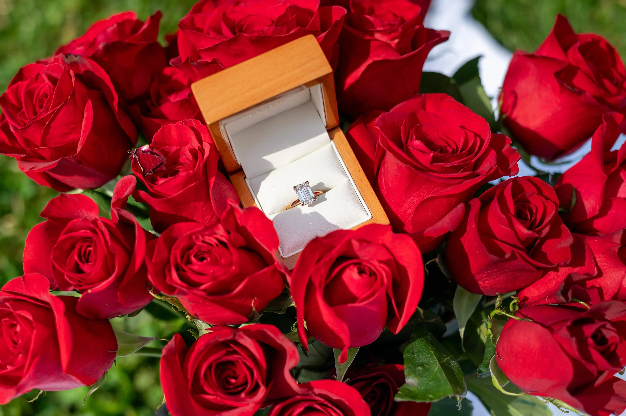 A diamond engagement ring in a white jewelry box surrounded by red roses.