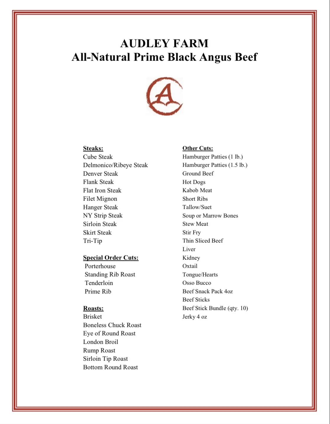 Audley Farm All-Natural Prime Beef 2025 Selections