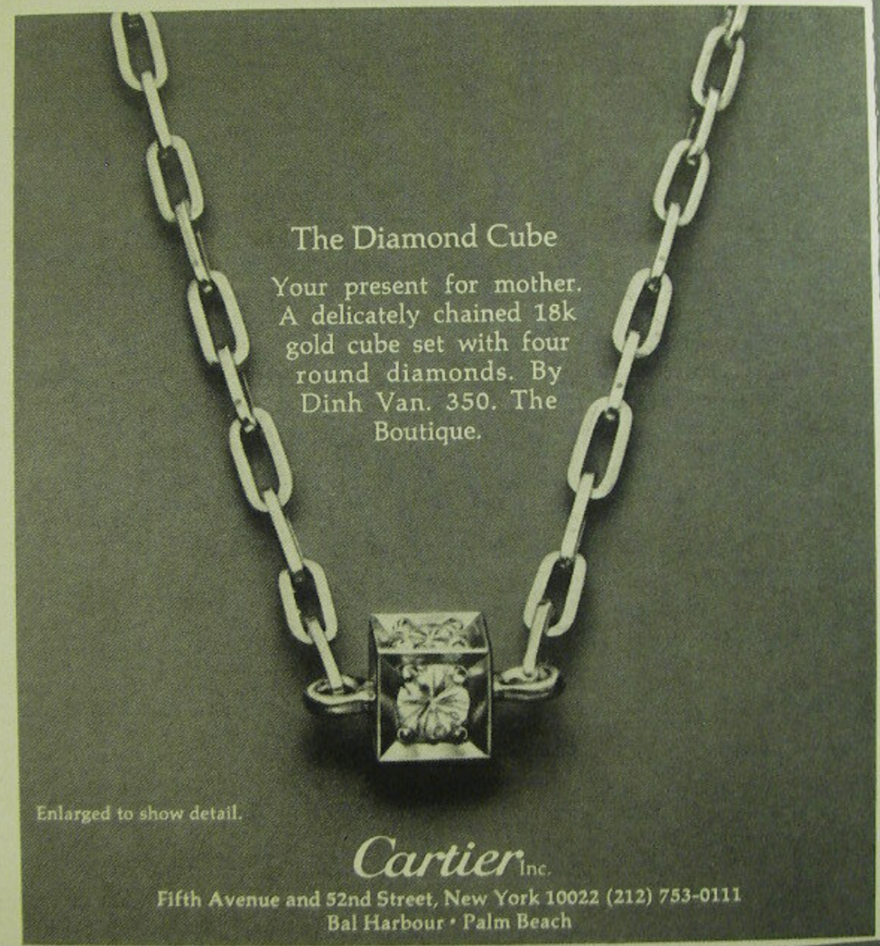 Advertising for Cartier New York presenting the Cube by dinh van, 1974