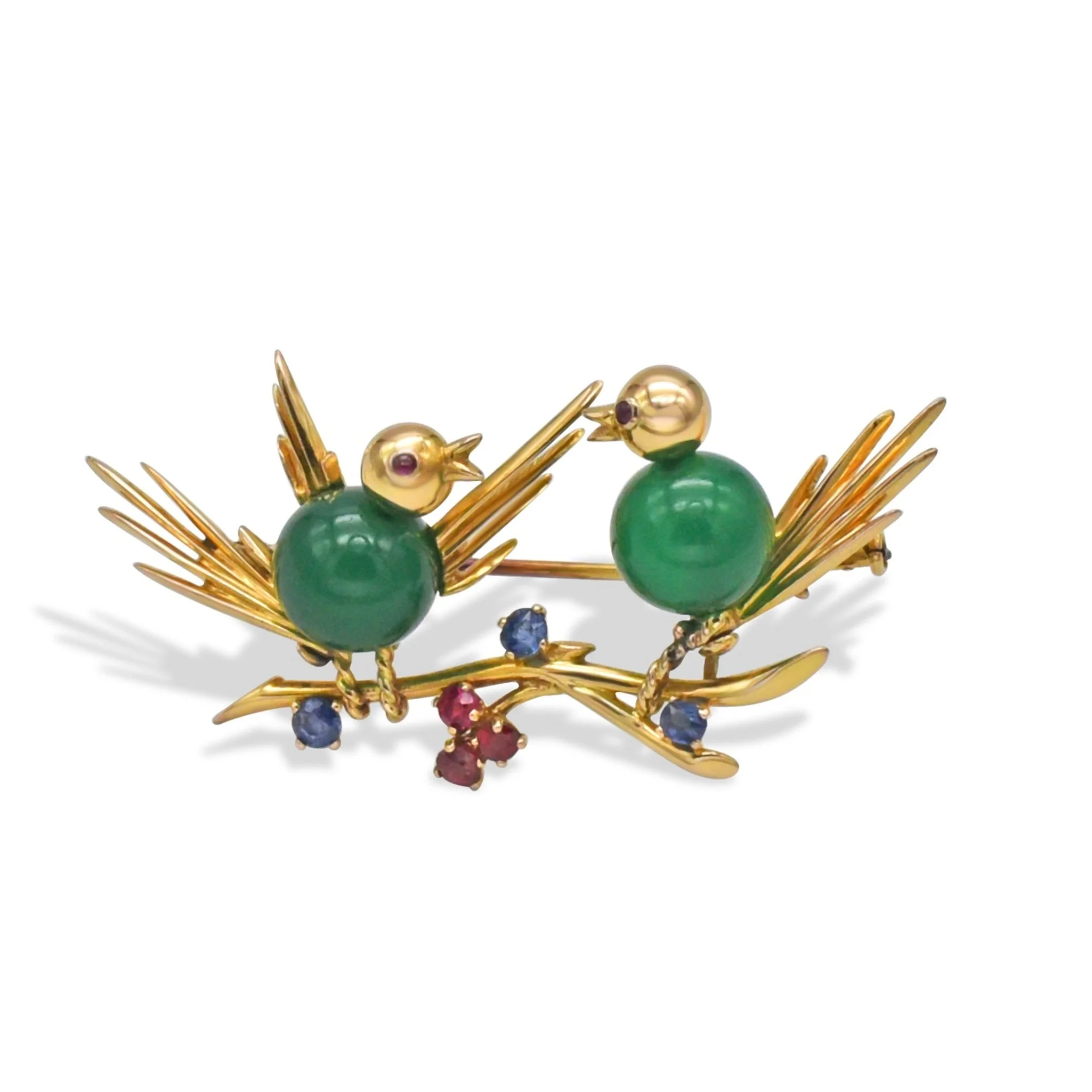 Chrysoprase bird couple brooch