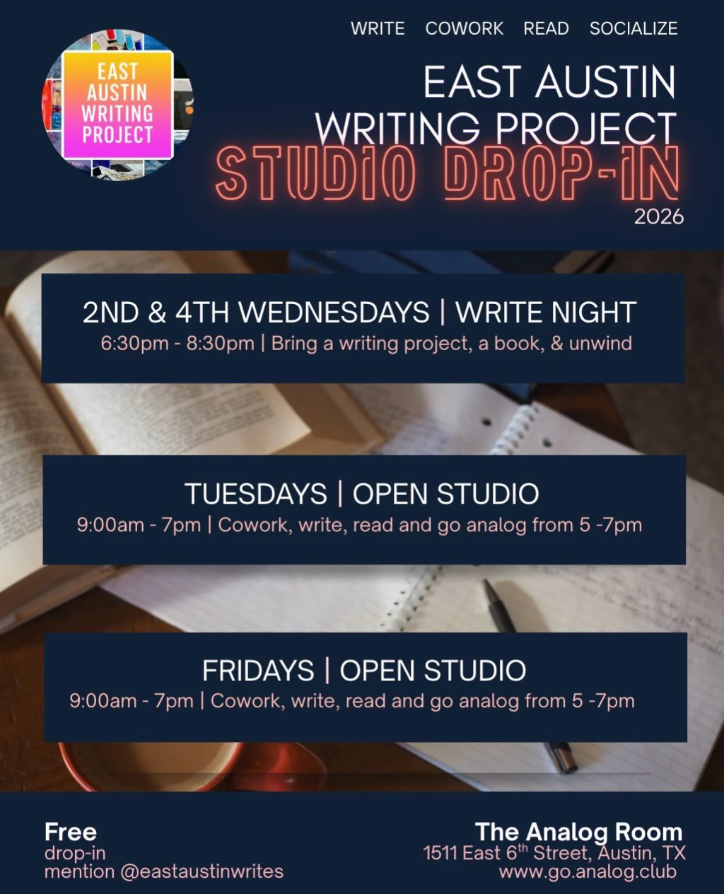 Hi everyone! ✨ The East Austin Writing Project is hosting free Studio Drop-Ins at @the.analogroom on East 6th Street. 

🤩 It&rsquo;s open to our whole community.

📖 Tuesdays | Open Studio 9am to 7pm. Co-work, write, read, and go analog from 5 to 7p