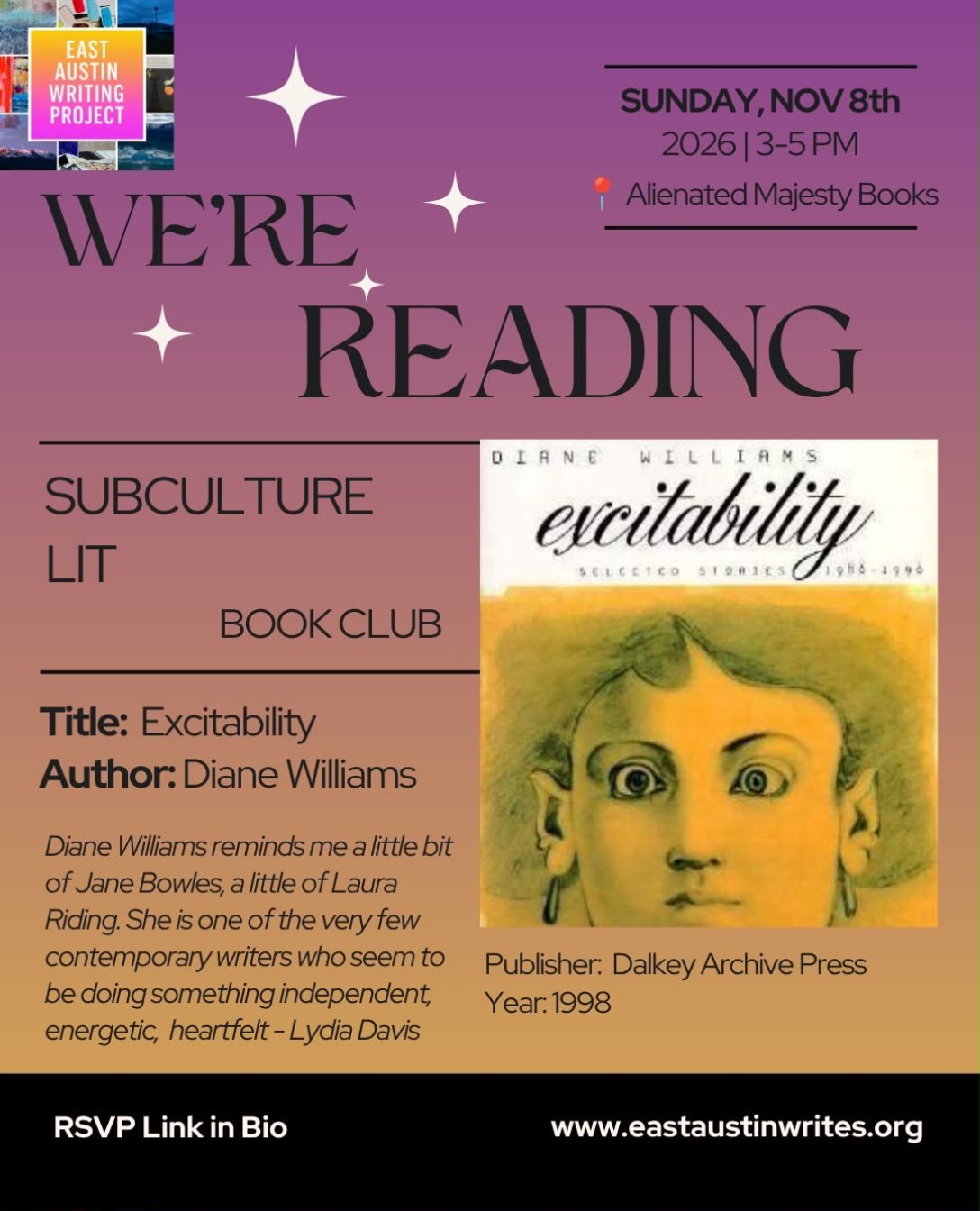We have a change of date for November&rsquo;s Subculture Lit book club. We&rsquo;re now meeting on Sunday, November 8th from 3-5pm @alienatedmajestybooks 

See you then!

Please read the book before we meet. 

Mention Subculture Lit for 15% off your 