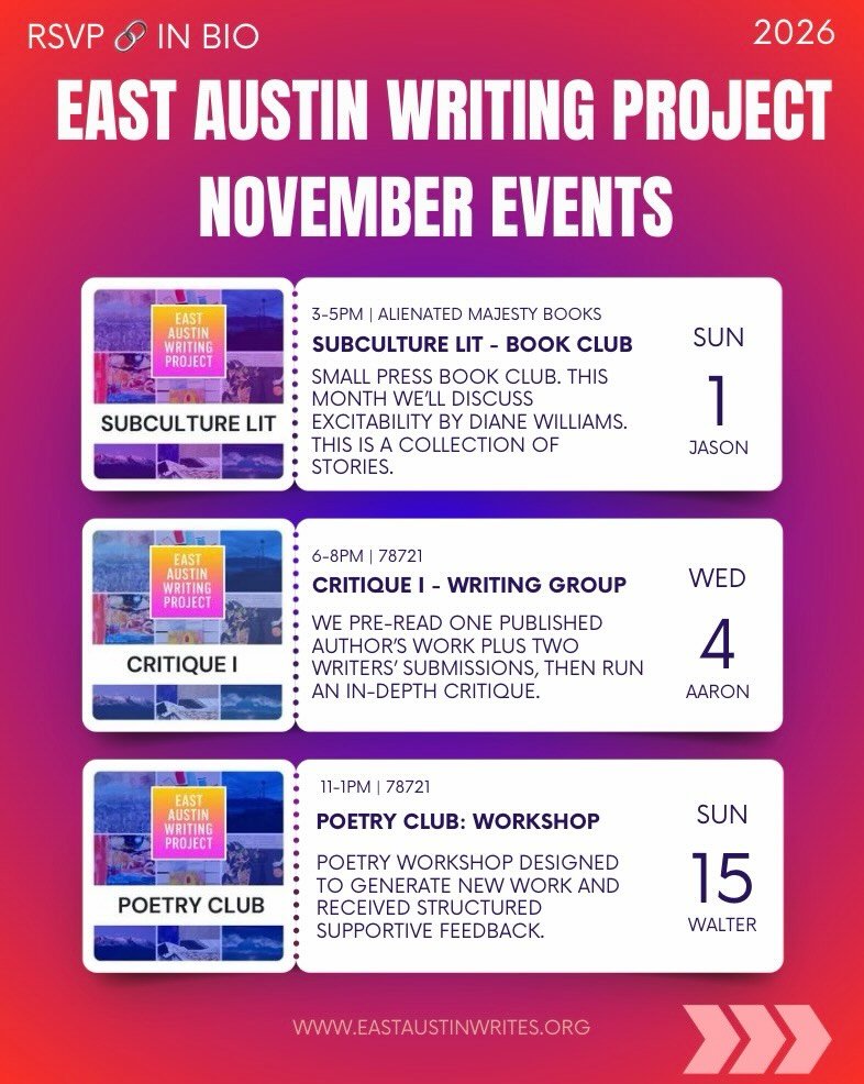 🍁Check out (and sign up 💫) for November&rsquo;s writing groups, workshops, and book club with the East Austin Writing Project. 

🎫 We share work ahead of time so make sure you register with the 🔗 in bio 

🫶 Our events free or donation-based 

✨T