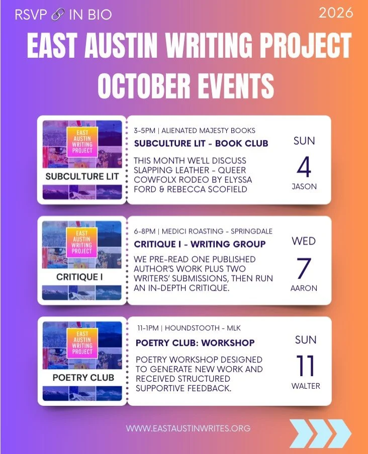 🍁Happy October! Swipe right for the rest of the month&rsquo;s programming happening with your friends at East Austin Writing Project! 

Sign up on Luma and subscribe to the events calendar so you hear about our events once they are ready for signups