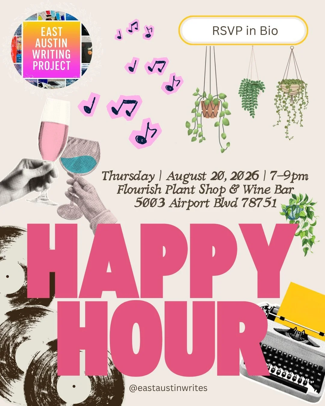 ✨East Austin Writing Project community &amp; friends - join us for a social at Flourish Plant Shop &amp; Wine Bar 🥂 🪴

This is a low-key gathering for writers, readers, and community members to connect.

Join solo, with a friend or a partner &mdash