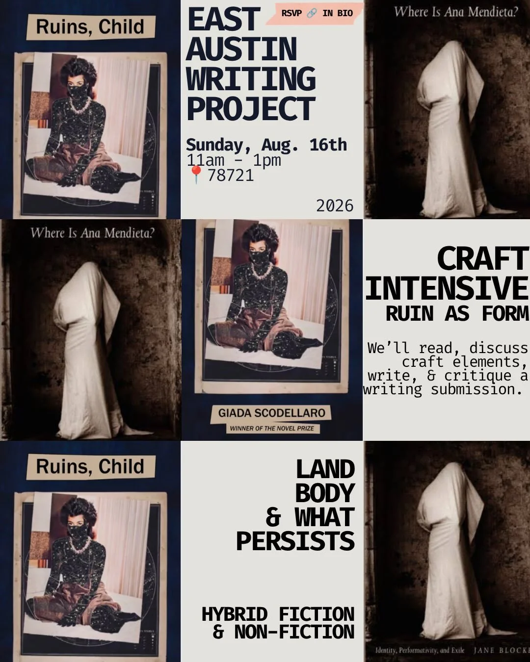 This month for East Austin Writing Project&rsquo;s Craft Intensive we&rsquo;ll read excerpts of Ruins, Child by Giada Scodellero and Where is Ana Mendieta? By Jane Blocker 

We&rsquo;ll examine how to write towards absence, how ruin functions as both