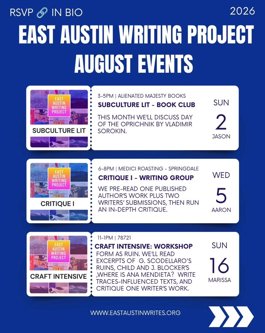 In August, we&rsquo;re hosting four different writing workshops and our Subculture Lit book club 😍

All of our programming is free or donation-based. 

We collect sign ups as we share work before meeting and so that we can set up Alienated Majesty f