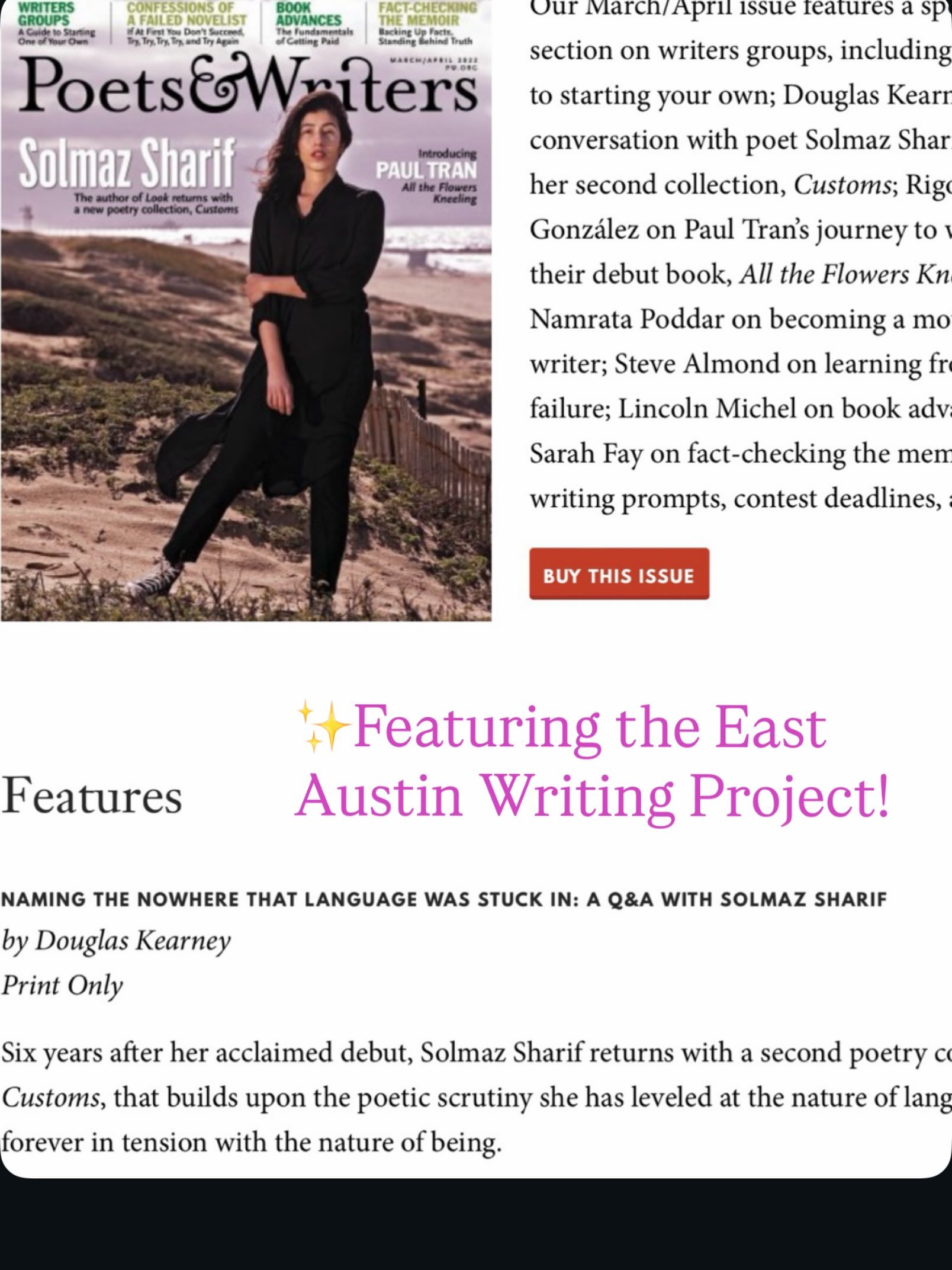 In 2022, the East Austin Writing Project was featured in Poets &amp; Writers. Our founder, Marissa Ayala, was interviewed for this feature.

EAWP began in 2019 as a small writing group in East Austin. Our central goal was to connect writers, build co