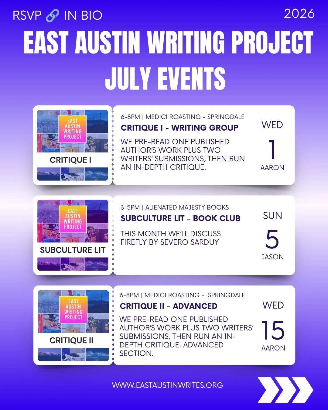 Write &amp; talk books with us!

July&rsquo;s East Austin Writing Project Workshops &amp; Book Club

🎟️ Free or donation-based 🫶 Must RSVP (🔗to sign up is in our bio)

✍️Literary Critique I and Literary Craft II (Advanced) are with Aaron 

📖Subcu