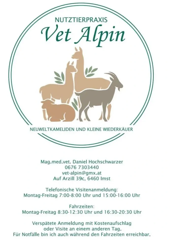 Logo der Tierarztpraxis Vet Alpin mit Silhouetten von Wildtieren wie Gämse, Murmeltier und andere, sowie Kontaktinformationen in deutscher Sprache.