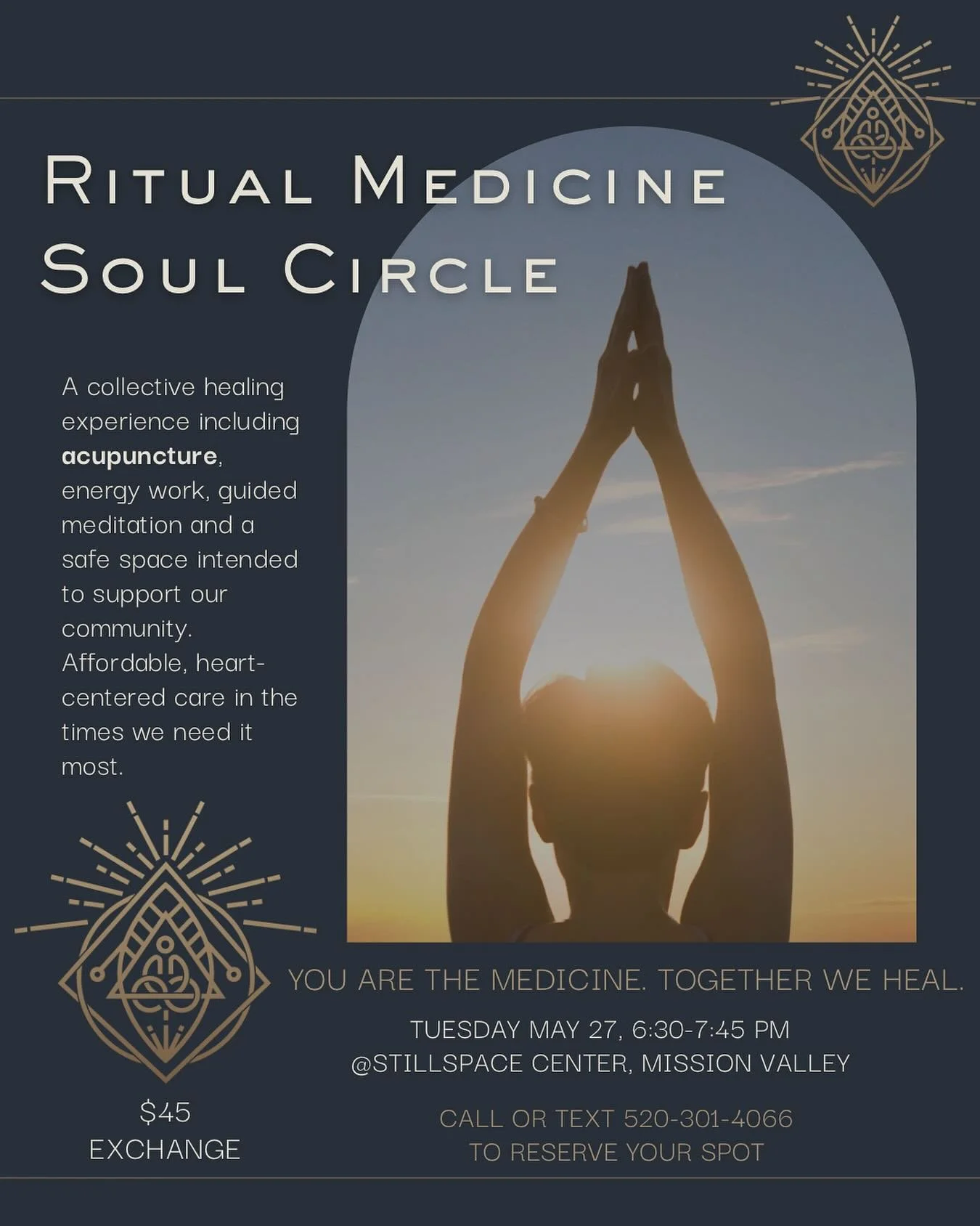 🌙 Ritual Medicine&rsquo;s Soul Circle Group Acupuncture Ceremony 🌙
📅 Tuesday, May 27 | 🕡 6:30&ndash;7:45 PM 📍 @stillspacecenter , Mission Valley

Join us for an evening of group acupuncture, energy healing, and a guided meditation designed to cl