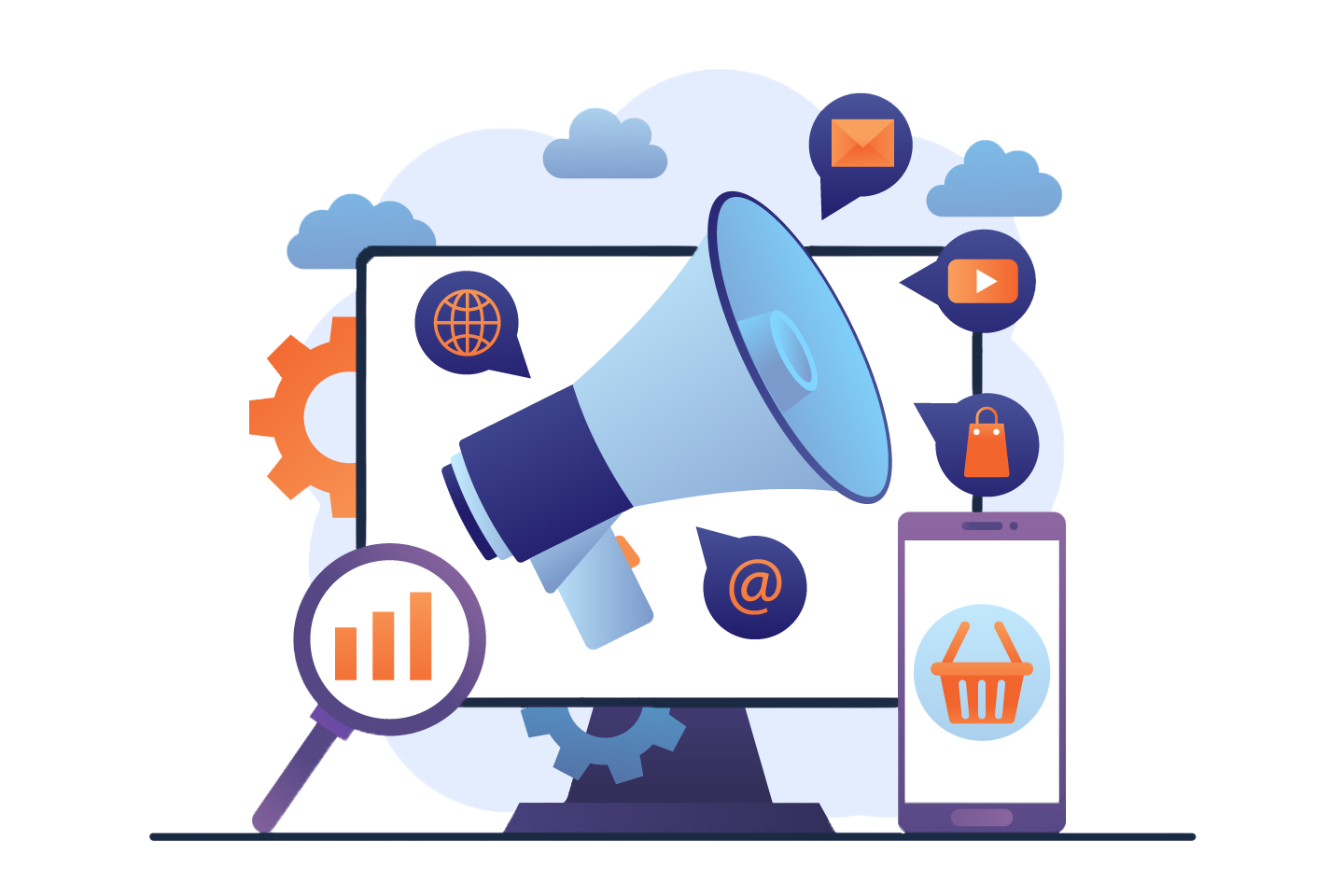 Illustration représentant la publicité en ligne avec un ordinateur affichant une loupe, un haut-parleur, des icônes de réseaux sociaux, une tablette, un smartphone, et des symboles de commerce en ligne, marketing et analytics.
