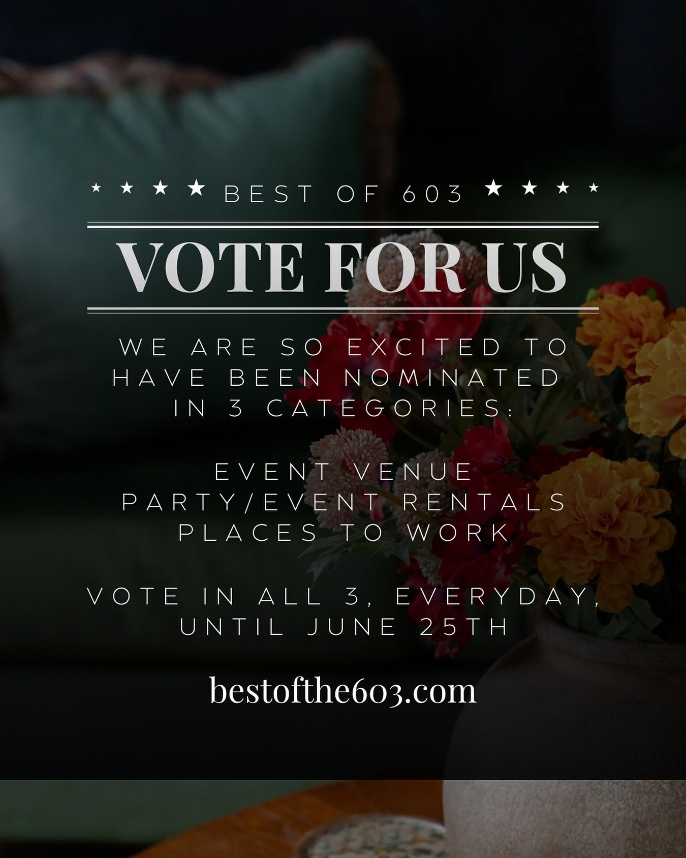 ✨We&rsquo;ve been nominated!! ✨
I&rsquo;m so honored (and so grateful!) that Catalyst Creative Studio has been nominated for Best of 603 in three amazing categories:

🔸 Best Event Venue
🔸 Best Local Event
🔸 Best Place to Work

Creating this space 