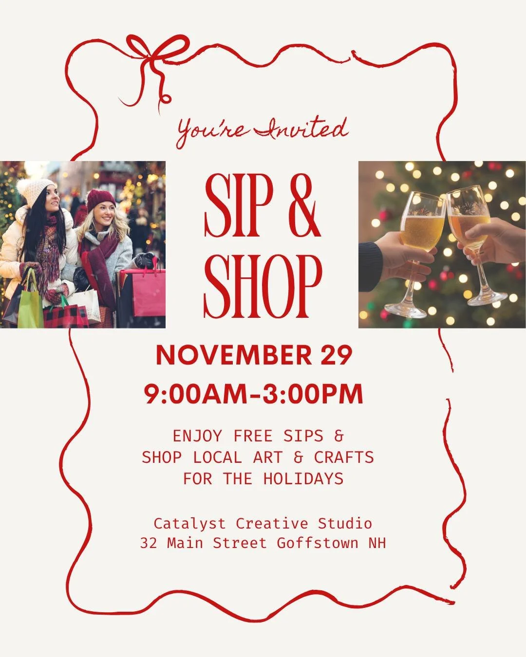 &ldquo;When you shop small, you make a big impact.&rdquo;

This Small Business Saturday, join us for a day that celebrates creativity, community, and connection right here in the heart of Goffstown.

Sip &amp; Shop at Catalyst Creative Studio
Novembe