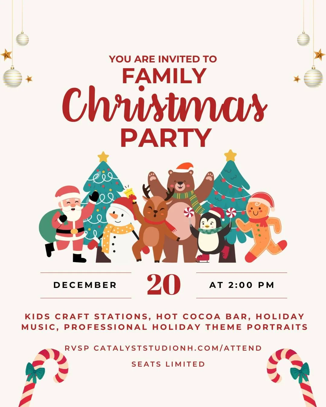 Catalyst is hosting a Family Christmas Party and we cannot wait to fill the studio with holiday magic. Join us on December 20 at 2 pm for an afternoon made for families who want a little extra sparkle this season.

We&rsquo;ll have hands on kids craf