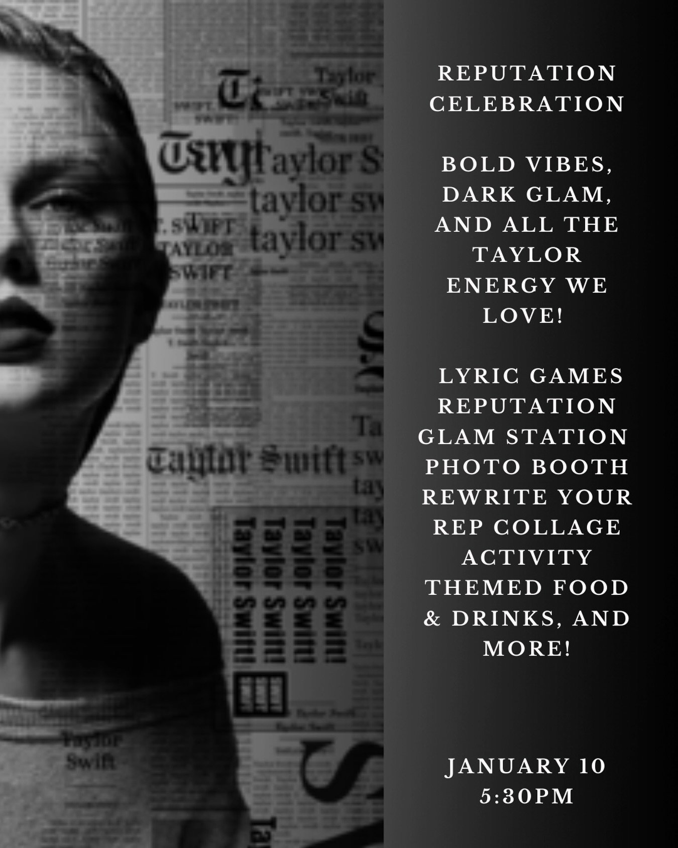 🖤 Reputation Night 🖤
A Taylor Swift&ndash;inspired experience you don&rsquo;t want to miss.

📅 Saturday, January 10
⏰ 5:30 PM
📍 Catalyst Creative Studio

We&rsquo;re stepping straight into Taylor Swift Reputation era energy for a night that&rsquo
