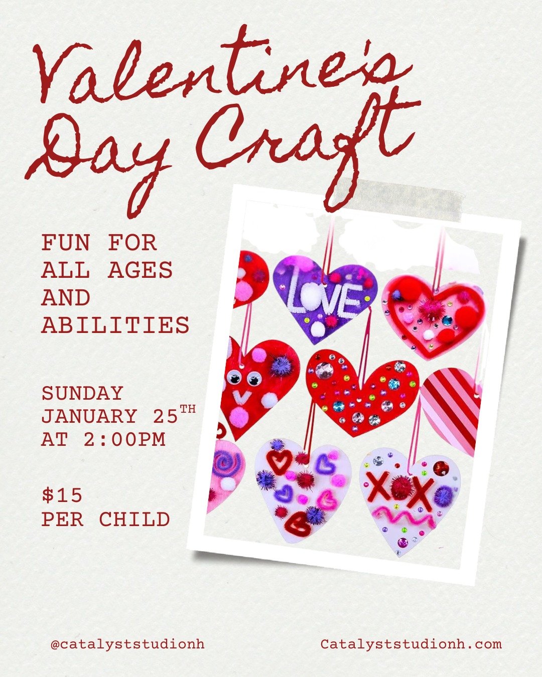 Create something special this Valentine&rsquo;s Day 💖

Join us for a relaxed Valentine&rsquo;s Day Craft where kids will design a one-of-a-kind heart decoration using wood cutouts, paint, yarn, and colorful embellishments. Open to all ages and abili