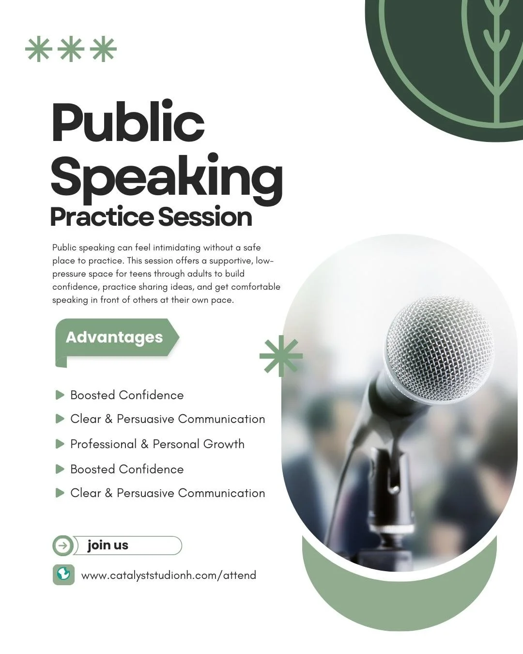 Public speaking can feel intimidating, especially without a safe place to practice.

This Public Speaking Practice Session offers a supportive, low-pressure space to build confidence, get comfortable sharing ideas, and practice being heard. Participa
