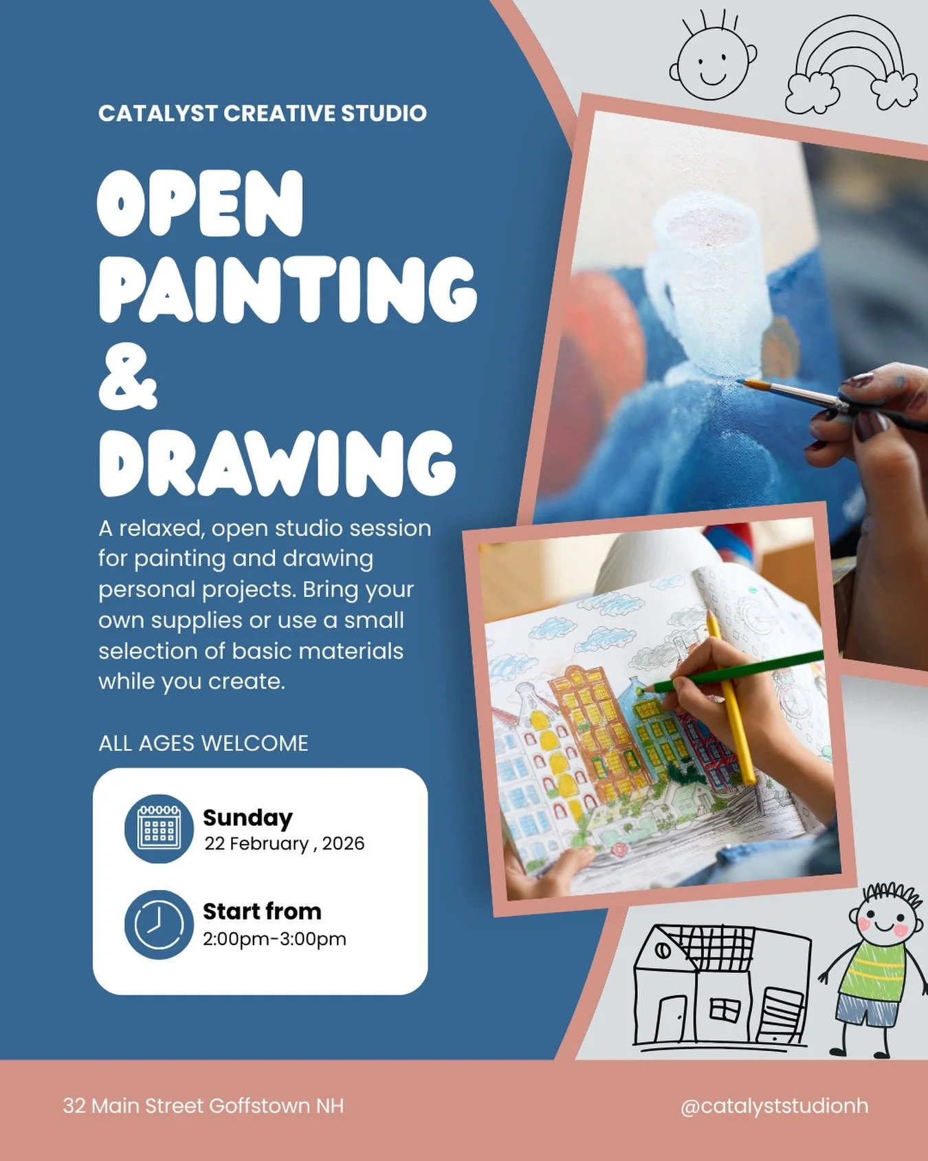 Come create with us 🎨✨

Open Painting &amp; Drawing is a relaxed, open-studio style session for anyone who wants time and space to work on their own creative projects. Paint, draw, sketch, or color at your own pace in a supportive, easygoing environ