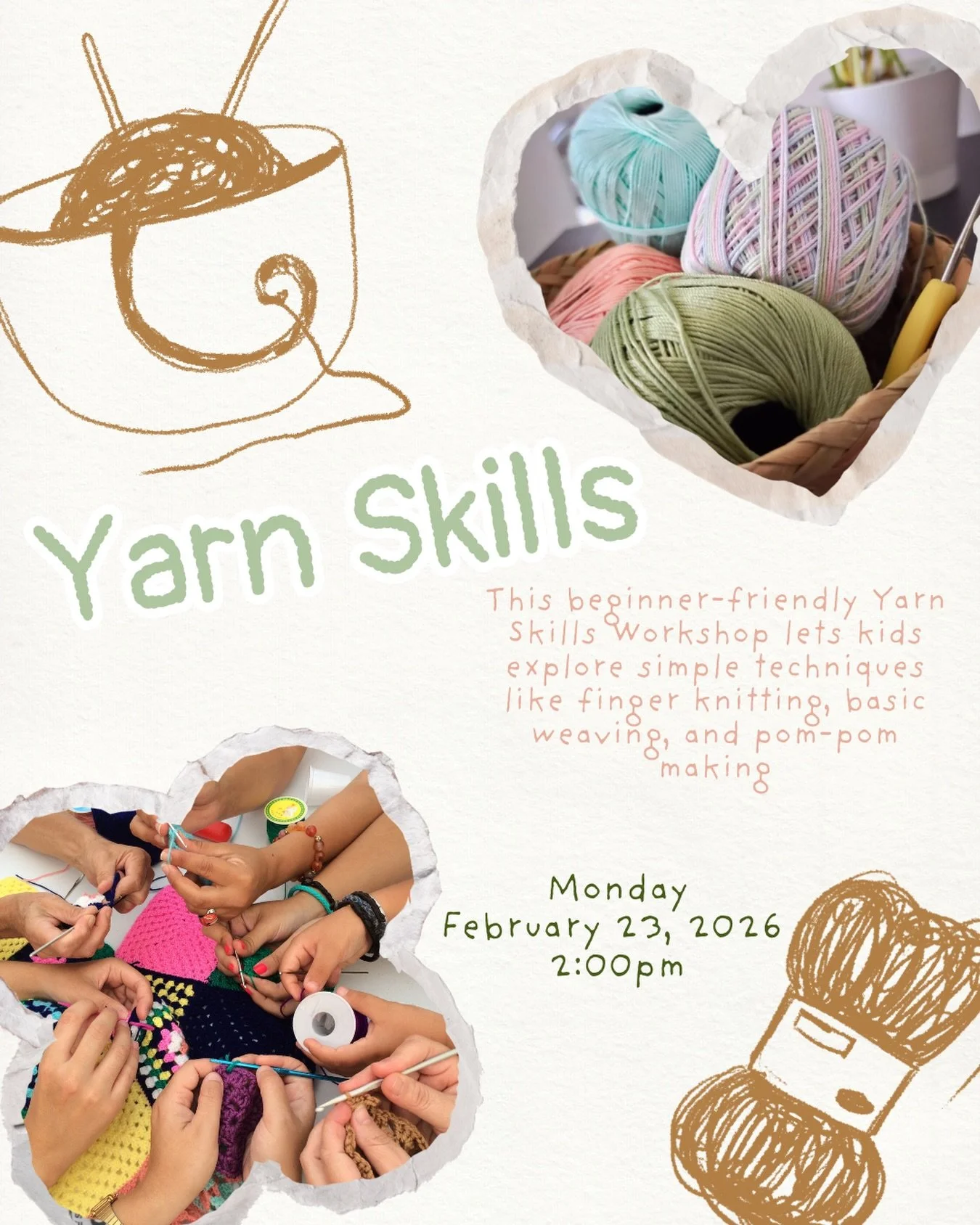 Little hands, big creativity 🧶✨

Yarn Skills is a beginner-friendly workshop designed for kids to explore fiber arts in a fun, low-pressure way. We&rsquo;ll introduce simple techniques like finger knitting, basic weaving, and pom-pom making, all wit