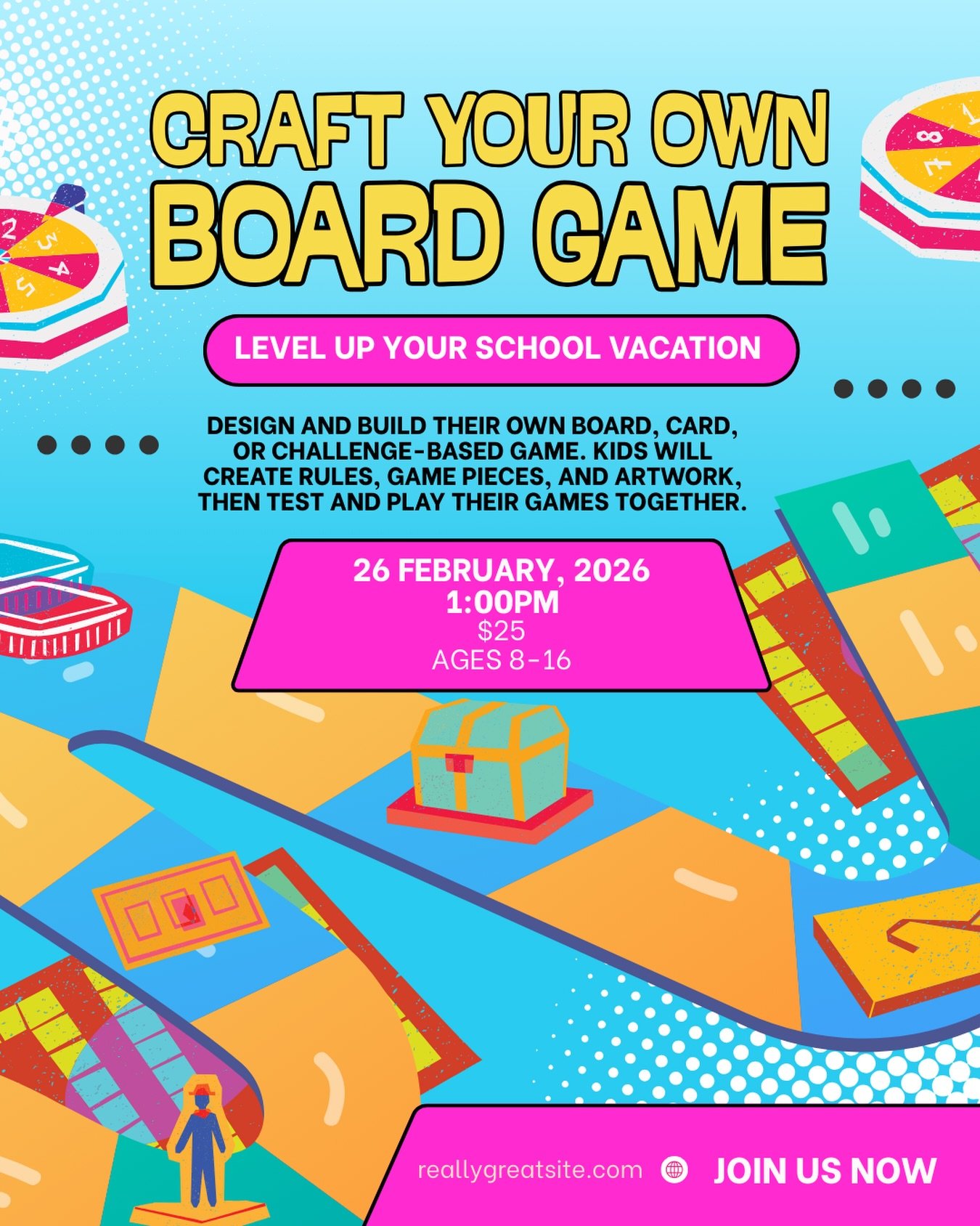 Screen-free fun that actually keeps them engaged 🎲✨

Craft Your Own Board Game is a hands-on creative workshop where kids get to design, build, and play a game that&rsquo;s completely their own. From inventing rules to creating game pieces and artwo