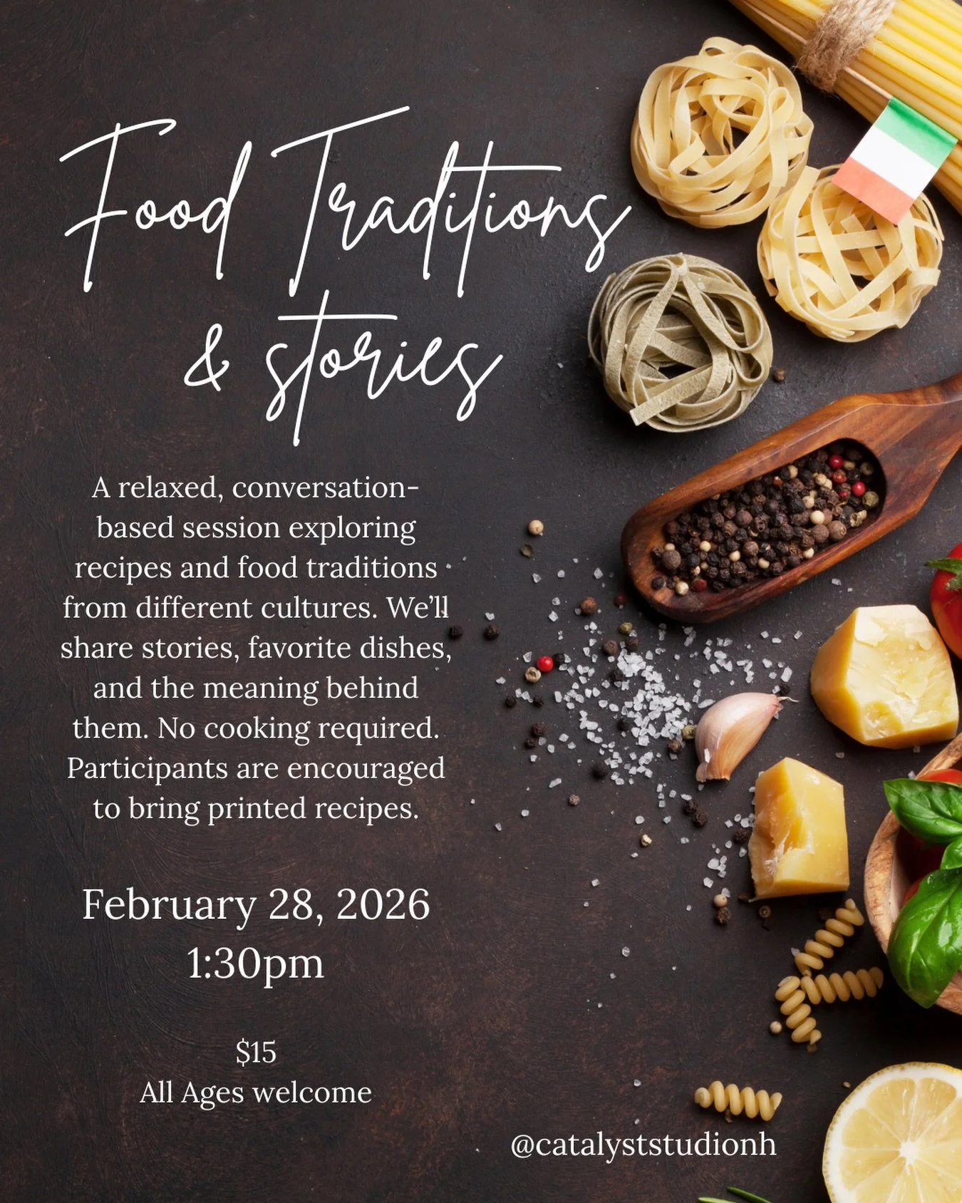 Some of our strongest memories live around food 🍝✨

Food Traditions &amp; Stories is a relaxed, conversation-based gathering centered on recipes, memories, and the meaning behind the meals we love. This is not a cooking class. It&rsquo;s a space to 