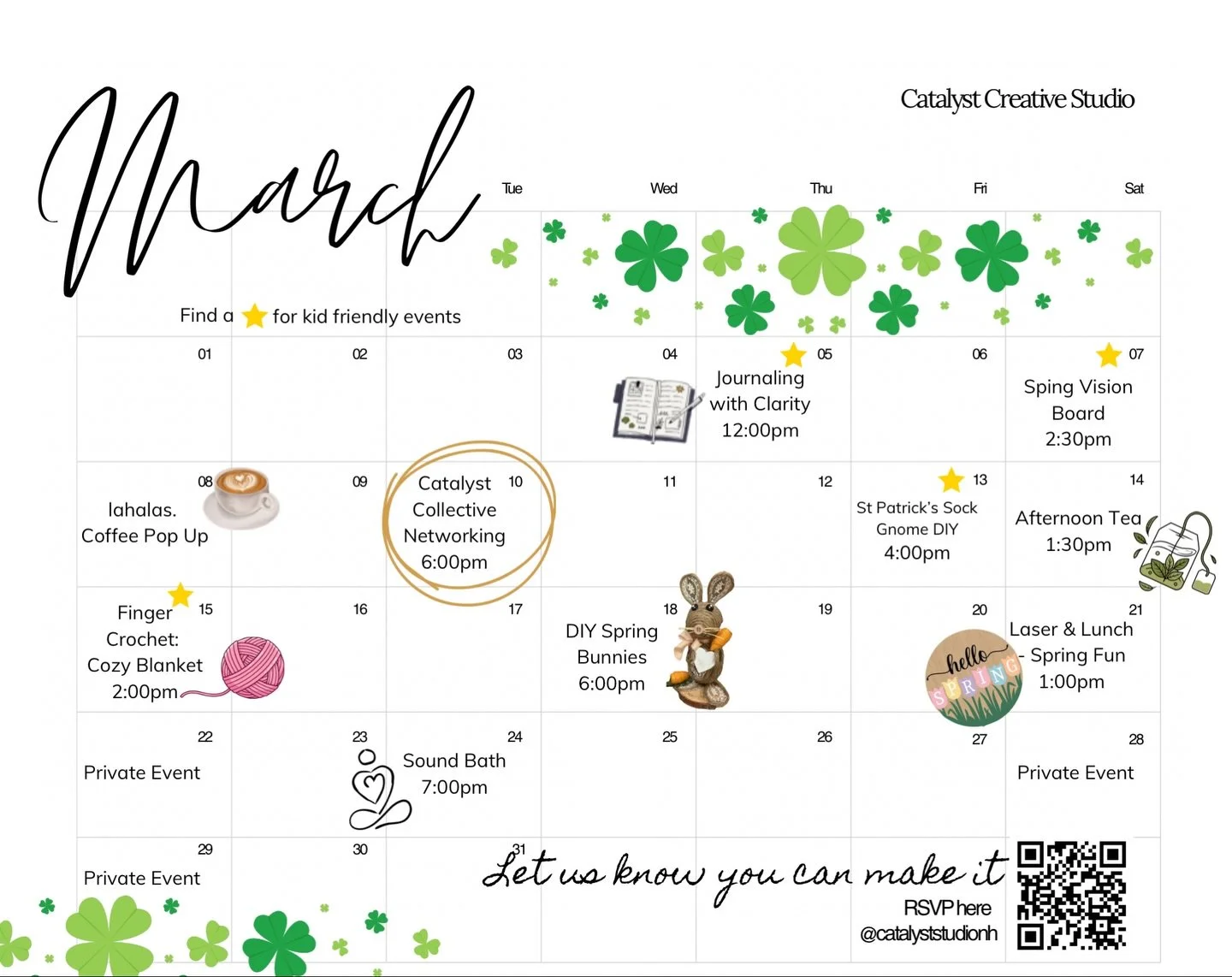 March is bringing the energy and Catalyst is buzzing. 🌿✨

From cozy creative workshops to connection filled networking nights, this month is all about getting out of winter mode and back into community. Whether you are here to learn something new, m