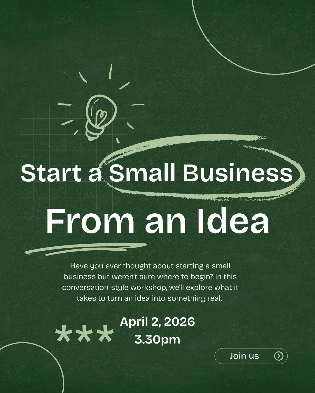 You&rsquo;ve been thinking about it&hellip; now it&rsquo;s time to actually start.

If you have a business idea but keep putting it off because you don&rsquo;t know where to begin, this is your sign. This small-group workshop is designed to help you 