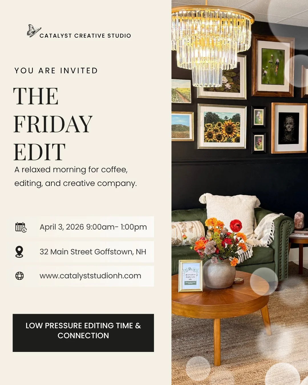 Photographers, this one is for you.

If you&rsquo;ve been trying to catch up on editing but also craving connection&hellip; this is your space to do both. Bring your laptop, get work done, and be around people who get it.

Low pressure. Actually prod