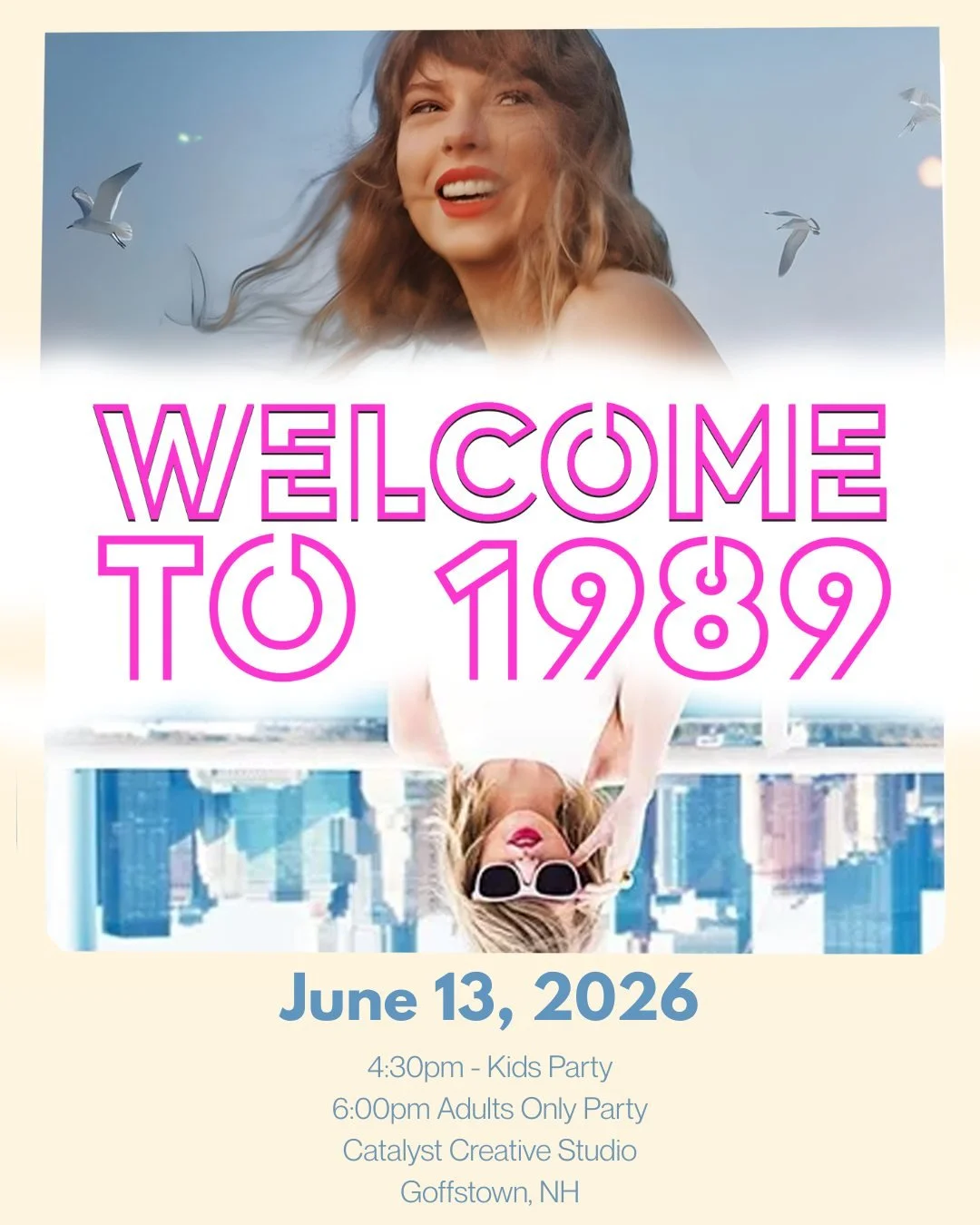 Welcome to 1989: From Daylight to After Dark 💙

A Swiftie celebration inspired by the music, nostalgia, chaos, and magic of the 1989 era.

✨ 4:30&ndash;5:30 PM
Kid-Friendly Swiftie Hour (5+)
Music, activities, friendship bracelet energy, and fun for
