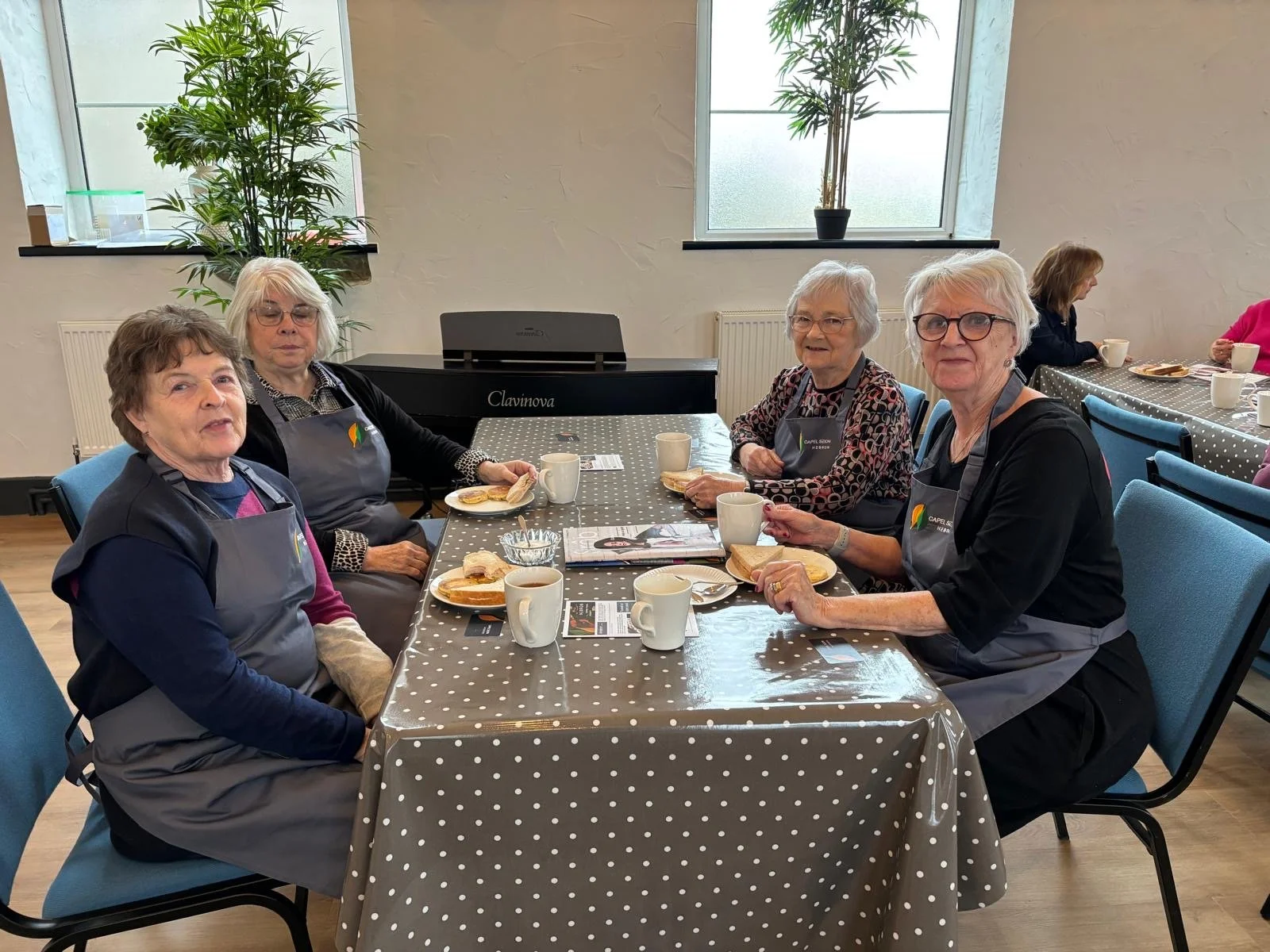 Five elderly women sitting around a table enjoying snacks and coffee in a bright room with large windows and a piano in the background.