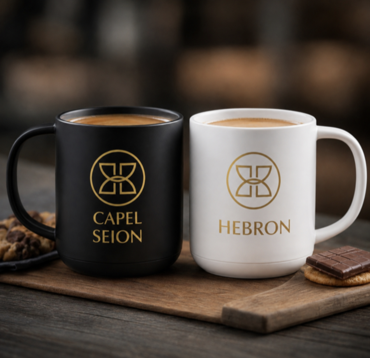 Two mugs filled with coffee, one black with gold text and logo saying 'CAPEL SEION', the other white with gold text and logo saying 'HEBRON', placed on a wooden board with cookies nearby