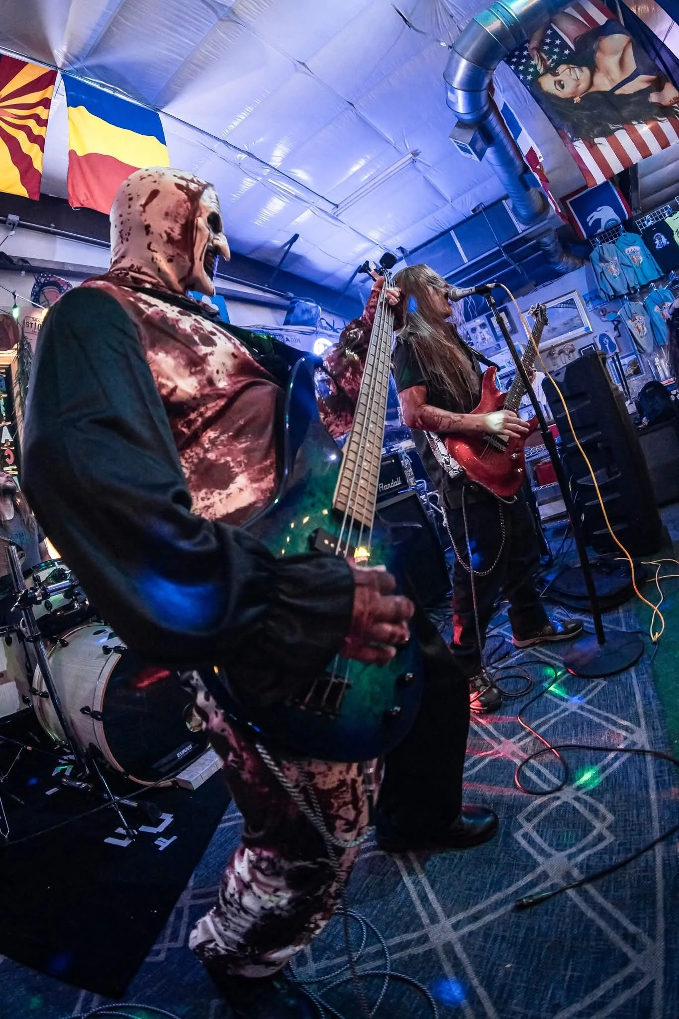 Two musicians performing on stage inside a bar or club. One is wearing a spooky skeleton mask and playing an electric guitar, the other is singing and playing a different guitar. The background features various flags, posters, and merchandise.