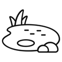 Black and white line drawing of a pond with grass and stones.