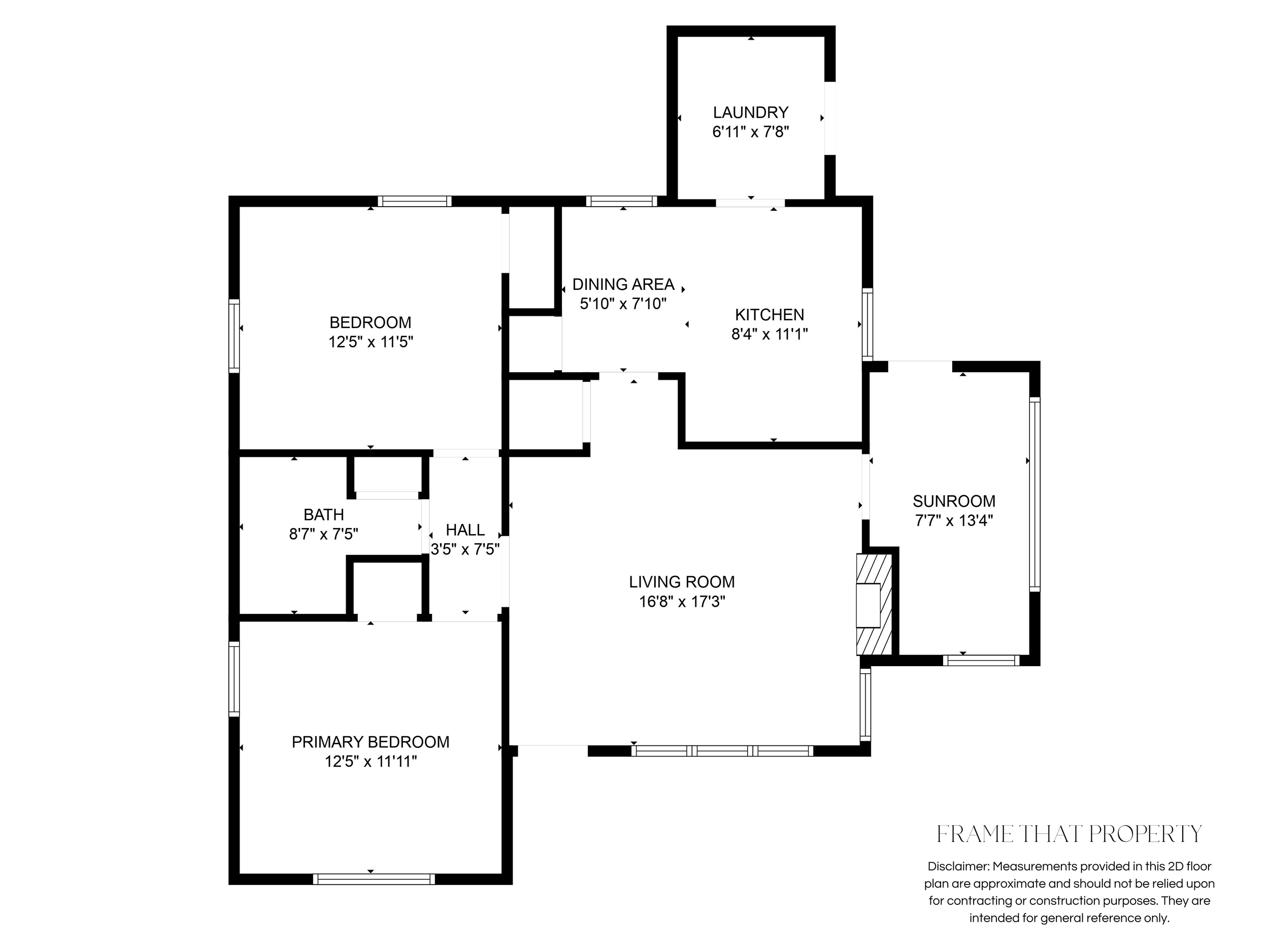 2D floor plan of a house including a primary bedroom, additional bedroom, living room, kitchen, dining area, sunroom, laundry, bathroom, and hall, with dimensions. Disclaimer notes measurements are approximate.