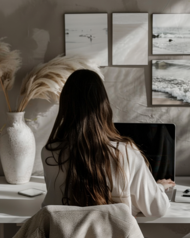 A woman with long brown hair sitting at a desk working on a laptop in a minimalist room with black and white ocean-themed artwork on the wall and a large white vase with pampas grass.