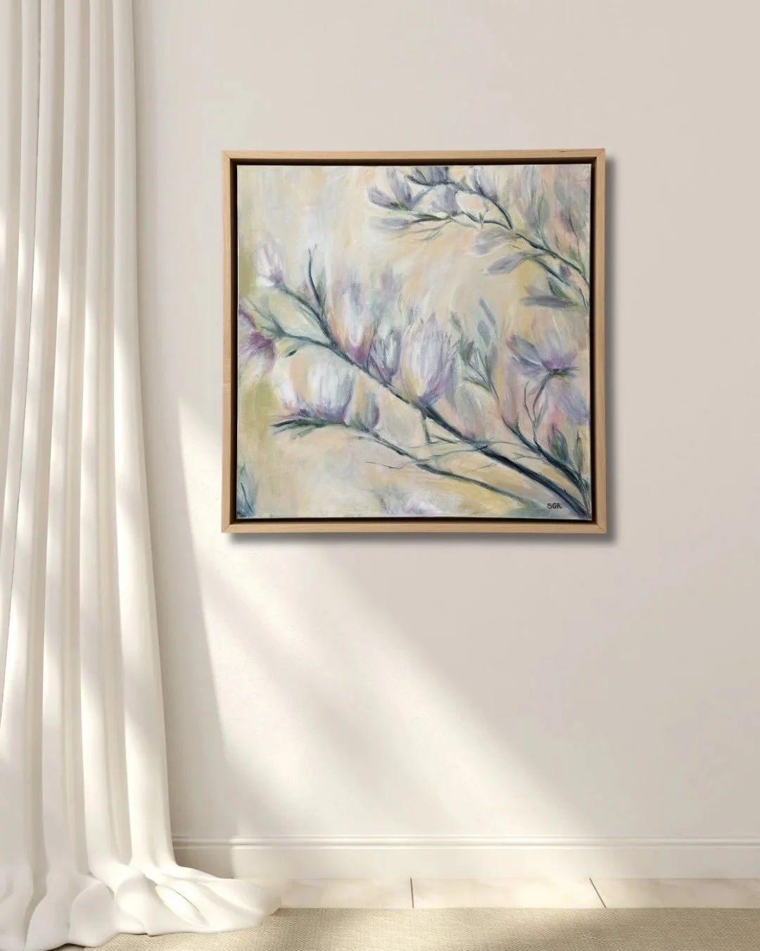 New Dawn 

A soft return to light. 
Hints of warmth, just beginning to rise. 

Framed in natural maple 

#softabstract #fineartpainting #interiorart #atlantaartist #expressiveart