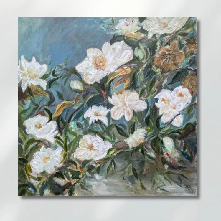 Lingering Camellias 

Some flowers seem to hold onto the light a little longer. 
Layers of white petals, soft blue, and the last trace of the season. 

Coming to Wesleyan Artist Market in Peachtree Corners, Georgia April 24-25 

#southernartist #nort