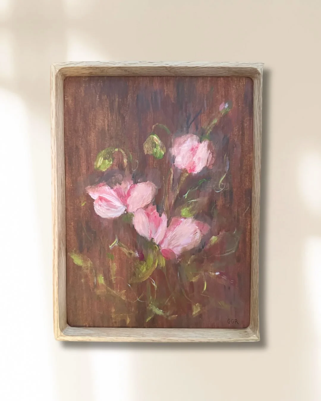 Sweet Peas, two smalll works painted from memories of the flowers my Mammaw grew.

Each framed work measures 9.8 x 12.8.

Their delicate petals and wandering stems are part of my continuing exploration of the flowers that raised me.

Currently on vie