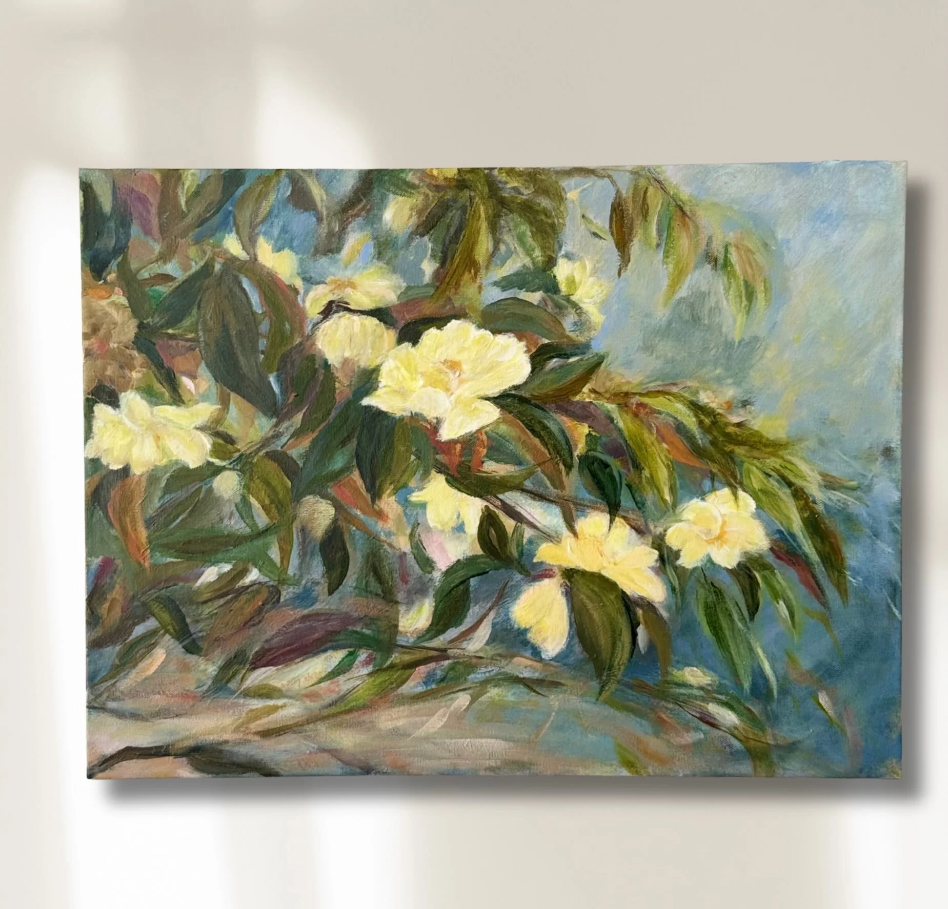 Golden Hush

Inspired by a pale camellia glowing against deep garden leaves. Painted through layers of cool blue, muted green and touches of warmth.

18 x 24

#camelliapainting #southernartist #interiorart #atlantaartist #floralpainting