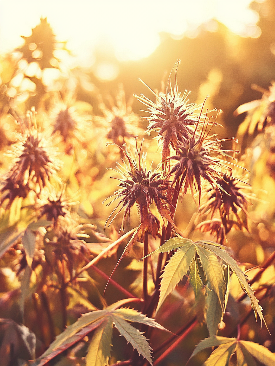 Close-up of wild plants with spiky seed heads and green leaves backlit by sunlight, creating a warm, golden glow.