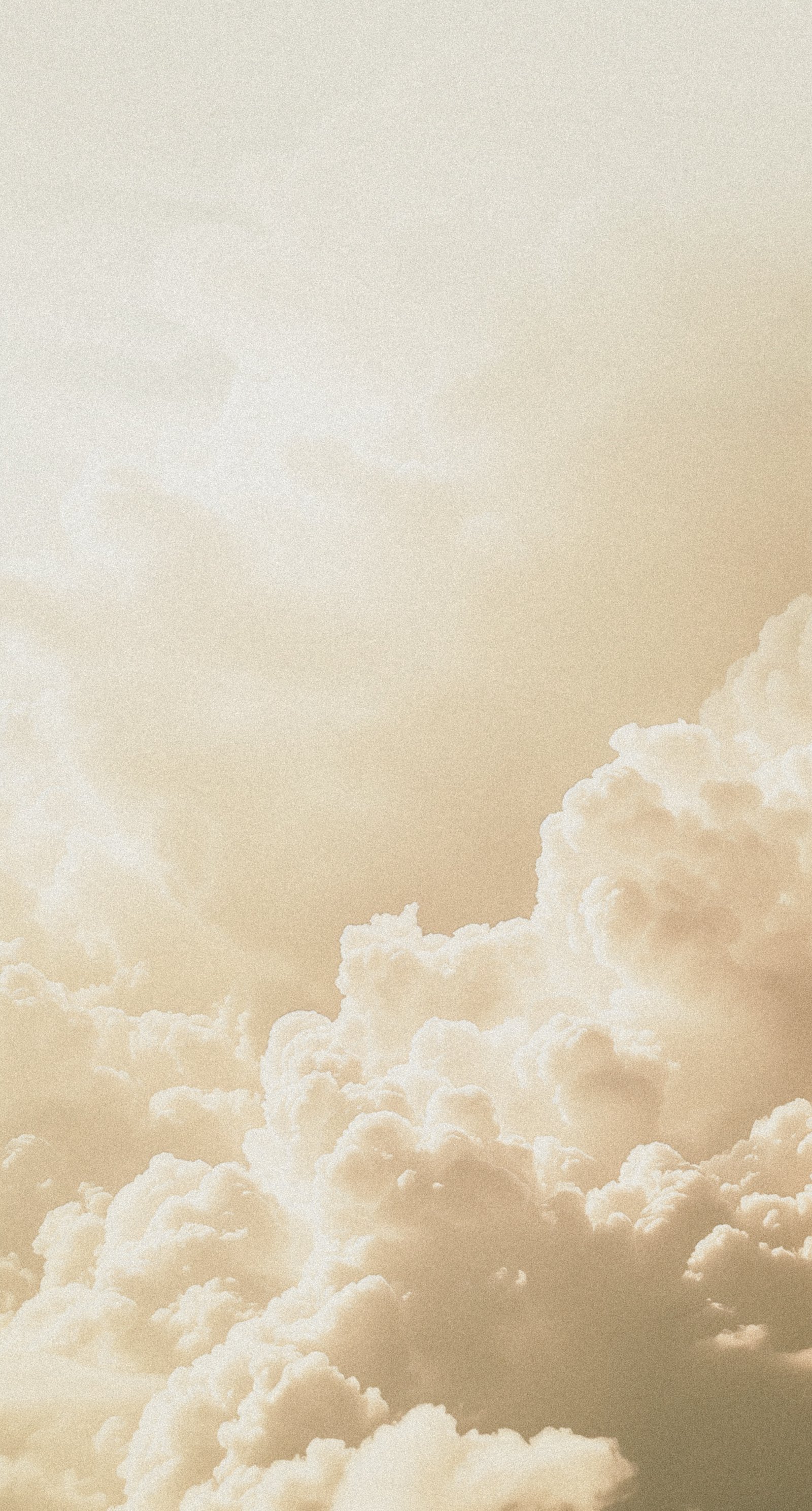 Soft, fluffy clouds in a pale, diffused light, creating an ethereal sky scene with a warm, golden tint.