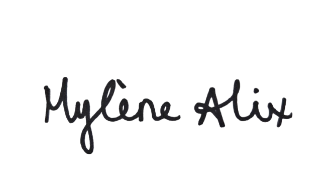 Text that reads 'Mylene Alix' in black handwritten style on a white background.