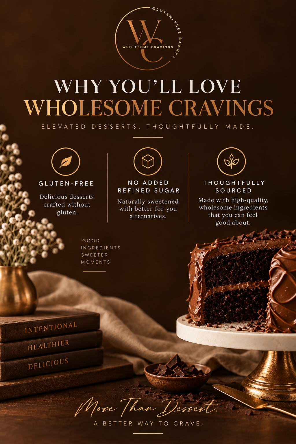 An advertisement for Wholesome Cravings features a chocolate cake on a white cake stand, a bowl of chocolate chunks, and a stack of books on a wooden table. The background is warm and dark with decorative flowers and text highlighting the product's gluten-free, no added refined sugar, and thoughtfully sourced qualities.