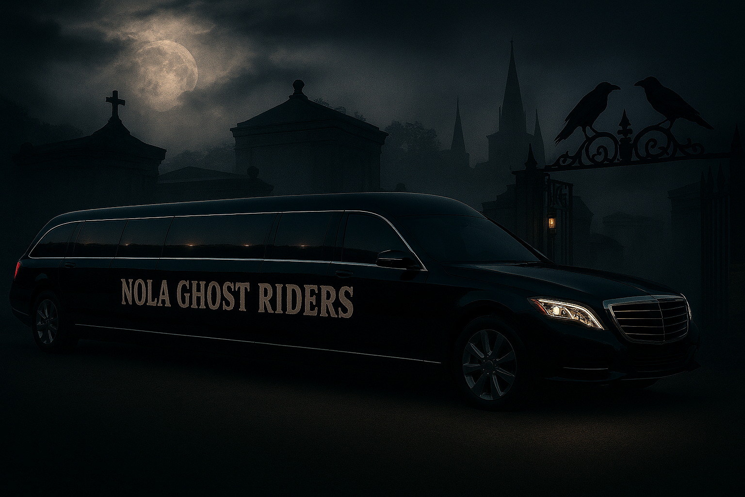 A black limousine with the words 'NOLA GHOST RIDERS' on its side parked in front of a spooky, dark cemetery at night. The scene includes a full moon, gothic grave markers, a wrought iron gate with two black birds on top, and a misty, eerie atmosphere.