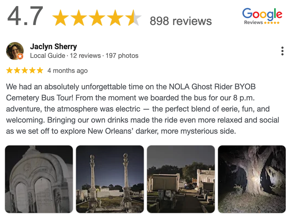 Google review page with a 4.7-star rating from 898 reviews, featuring a 5-star review from Jaclyn Sherry about a cemetery bus tour in New Orleans, with four smaller photos of cemetery headstones and trees.