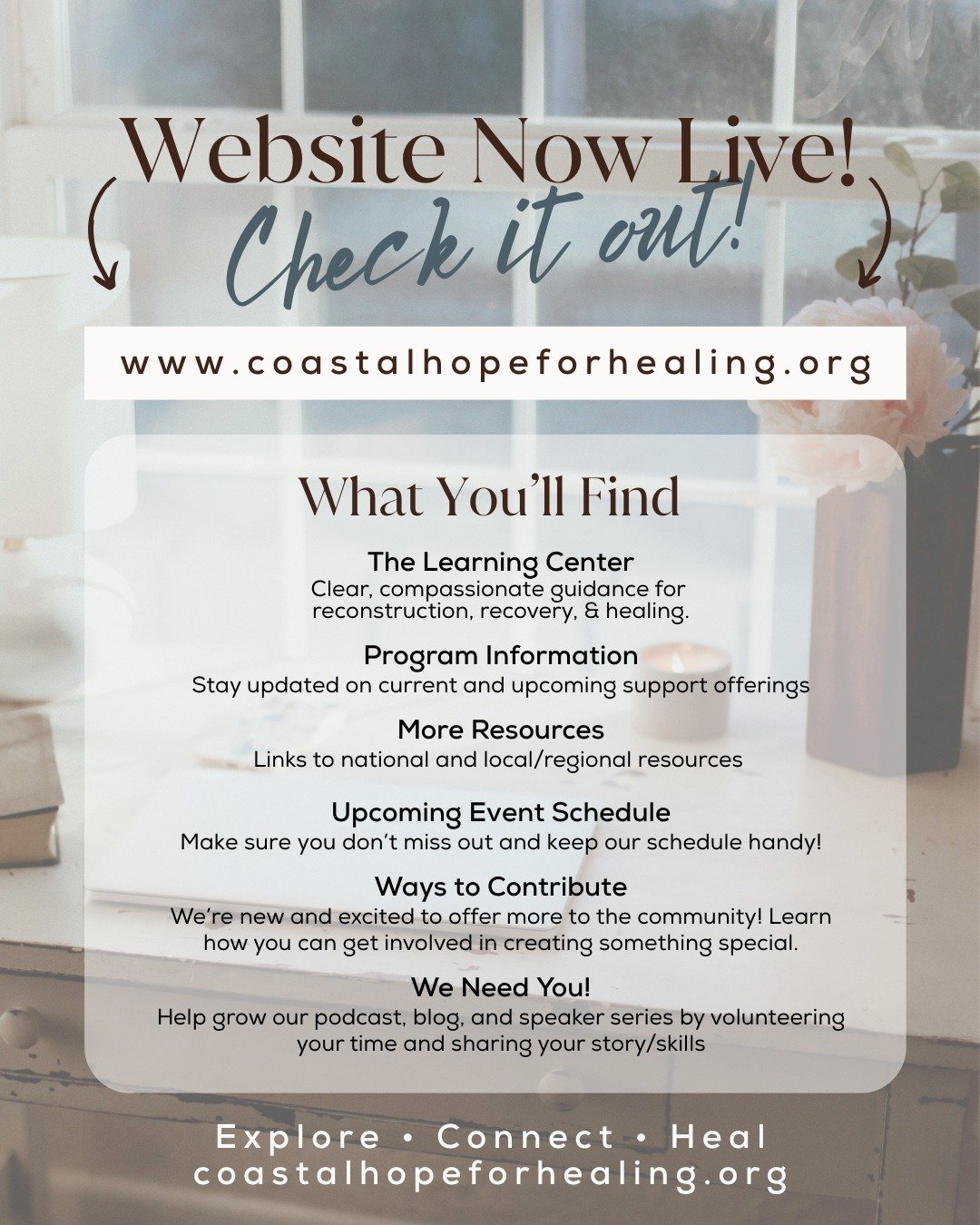 ✨ Our new website is live ✨

A space built with intention, care, and community at its heart. Coastal Hope for Healing was created to ensure no one has to navigate breast cancer, reconstruction, and recovery alone &mdash; and now, everything we offer 
